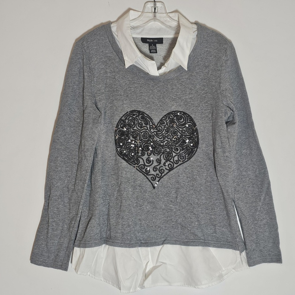 Style &‎ Co Sweater Womens Small Gray White Layered Look Collared Sequin Heart S